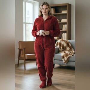 Red Plush Footed Hooded Jumpsuit — Size M | Zip Front | Unisex Cozy Onesie